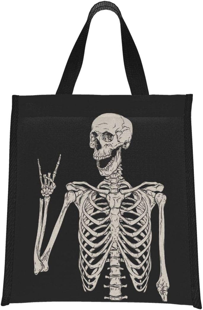 Ouqiuwa Cute Reusable Lunch Bag, Lunch Tote Handbag for Women Men, Rock and Roll Skeleton