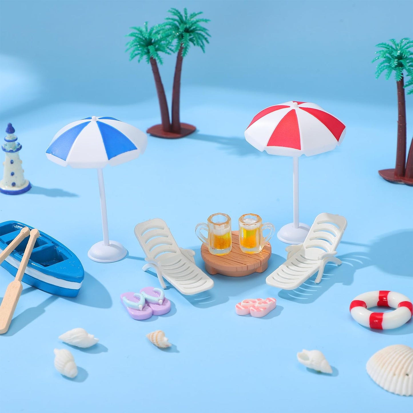 9pcs Miniature Beach Decor - Mini Umbrella Chair Table and Drinks Set for Dollhouse Furniture, Beach Cake Decorations Toppers - Micro Resin Miniature Dollhouse Accessories for Fairy Garden, Pool
