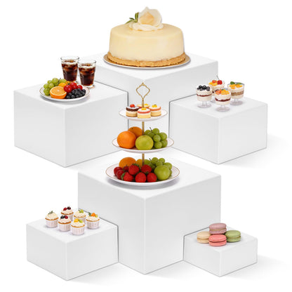 nplehome 6 Pcs Buffet Risers, White Acrylic Large Food Risers for Buffet Table with Mini Table Sign, Display Stand Shelf for Party, Catering Cube Nesting Boxes (9" 8" 7" 6" 5" 4" )