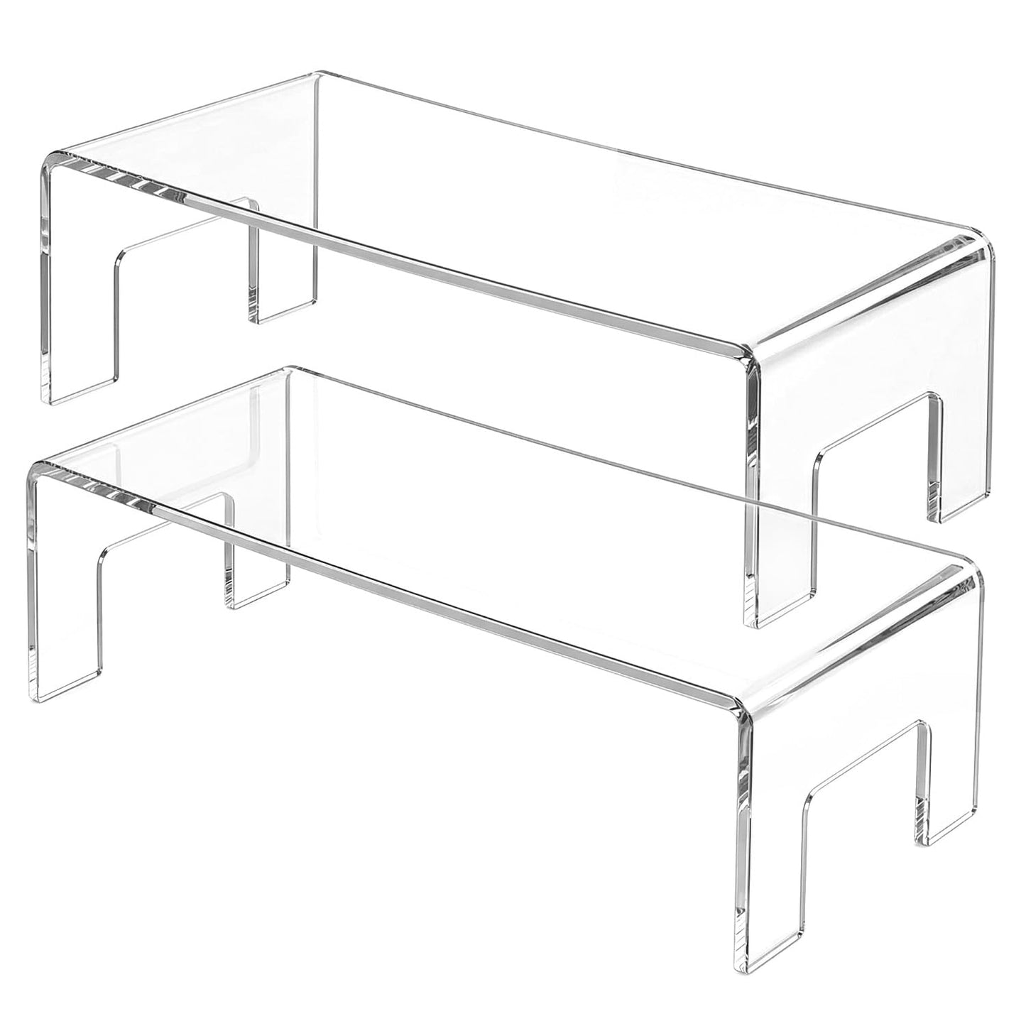 QWORK Clear Acrylic Display Risers Stand, 2 Pack 5mm Thick Transparent Showcase Shelves for Dessert Cupcakes Perfume Toys Cosmetics Jewelry Collectibles, 12x5x3.3 Inch Display Shelf