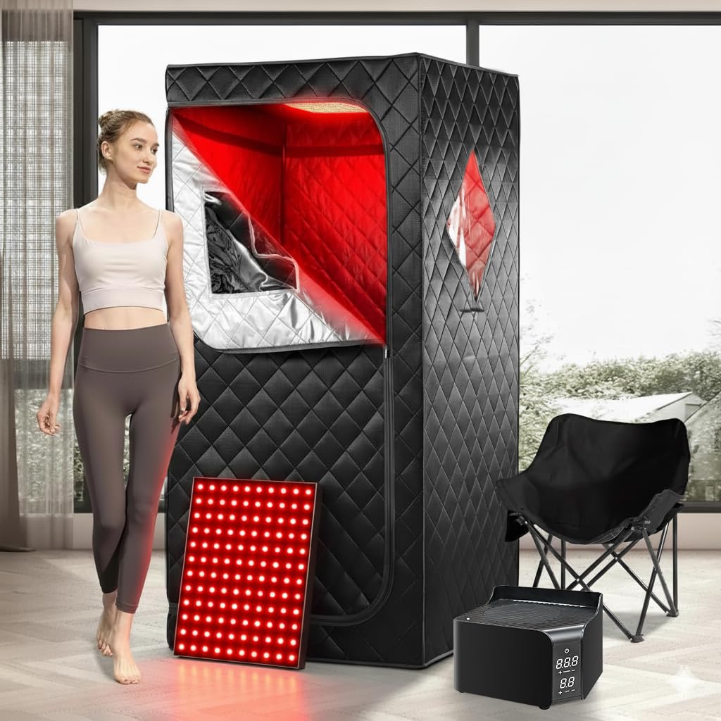 iDOTODO Portable Personal Far Infrared Sauna Box for Home with 660nm Red Light Threapy Panel, Upgraded Infrared Dry Sauna, 140℉, Heating Foot Pad, Upgraded Comfortable Chair