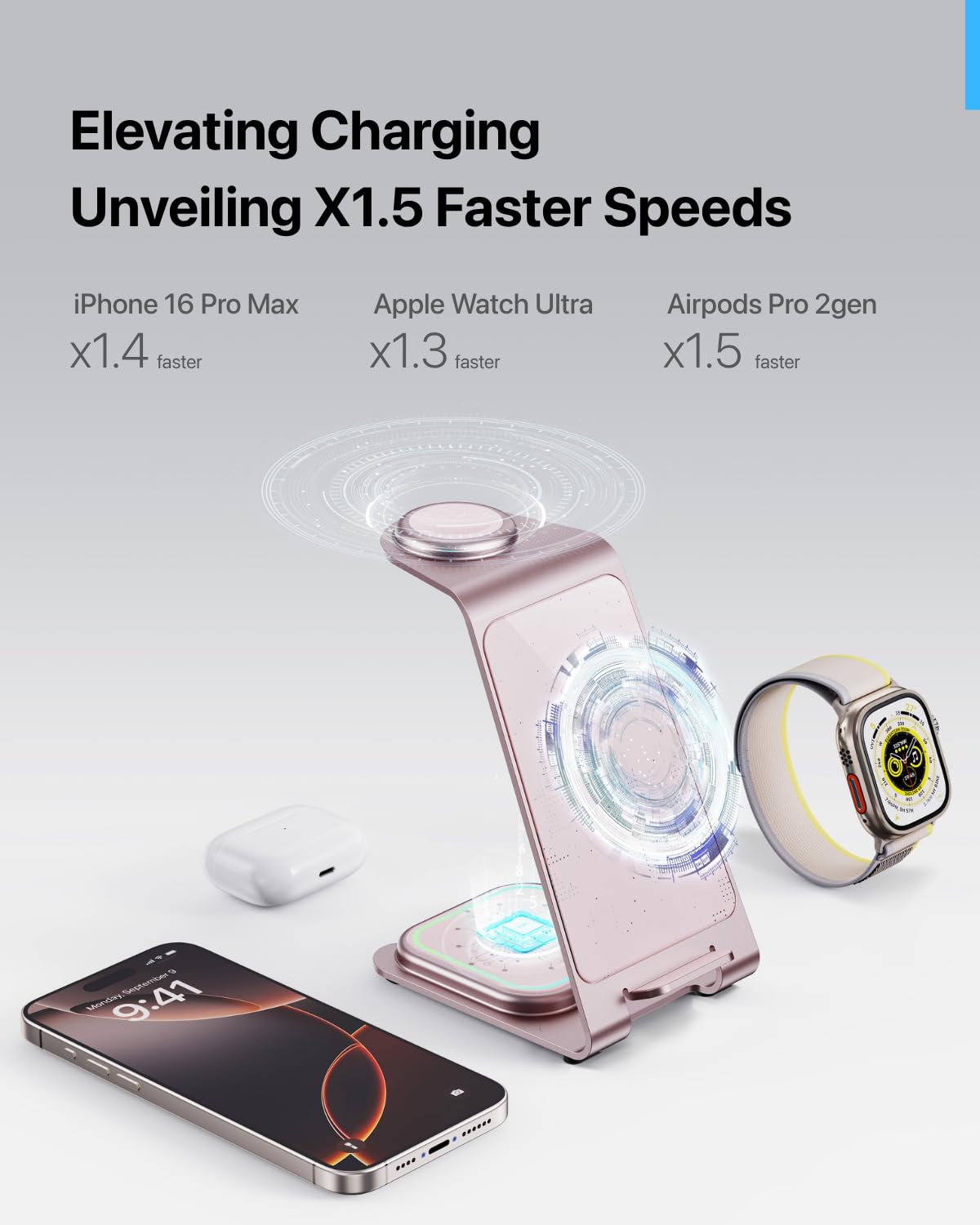 Intoval 3 in 1 Wireless Charging Station for iPhone 17 16 15 14 13 12 11 X Pro Max, Wireless Charger for Apple Watch Ultra 3 SE 9 8 7 6 5 4 3 2, for AirPods 4 Pro Pro 2 3 (Y93, Grey)