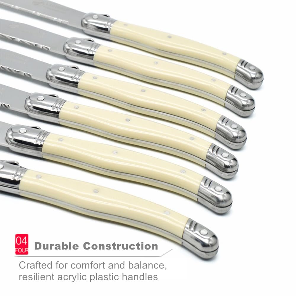 KeepingcooX® Laguiol-style Steak Knife, Ivory Handle, Serrated Blade, Stainless Steel Dinnerware/Tableware/Flatware/Cutlery Set of 6, Gift Box, Reputable Global Manufacturer with Certificate