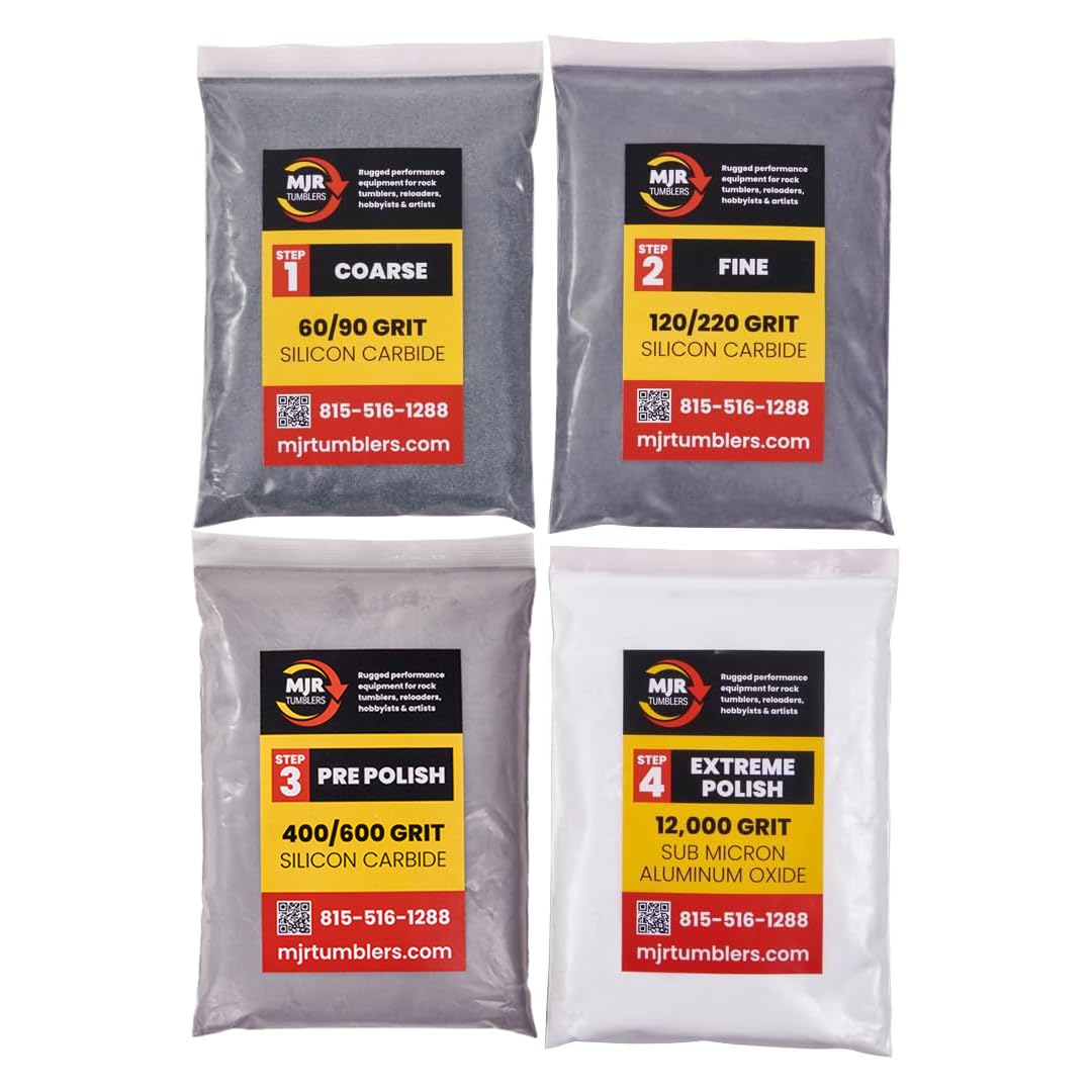 MJR Tumblers Rock Tumbler Grit Kit Refill for 15lb Tumblers, 4 Step Silicon Carbide & 12,000 Grit Aluminum Oxide Polish, Stone Polishing Kit for Rotary & Vibratory Rock Tumblers