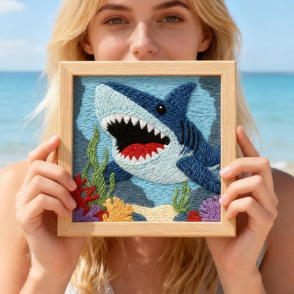 INFUNLY Blue Shark Punch Needle Kit 9.4x9.4 inches Punch Needle Embroidery Kits Ocean Animal DIY Needles Stitching Kits for Beginners with Instruction Yarns Christmas Birthday Hanging Decor