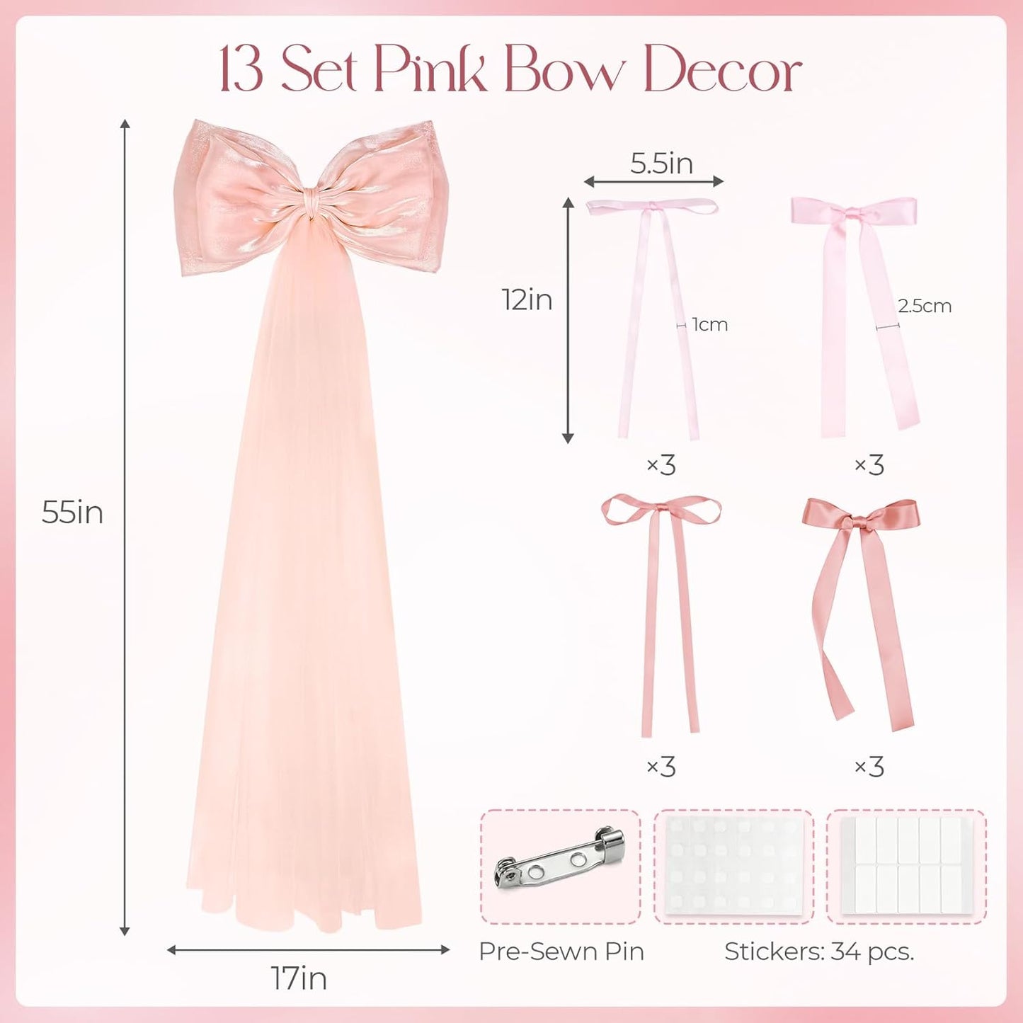 Skiennix 13Pcs Large Pink Pearl Silk Satin Bow Set - 17x55 Inch Giant Bow & 12 Small Satin Bows for DIY Decor
