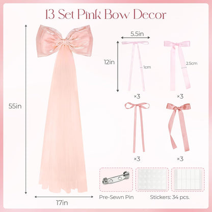 Skiennix 13Pcs Large Pink Pearl Silk Satin Bow Set - 17x55 Inch Giant Bow & 12 Small Satin Bows for DIY Decor