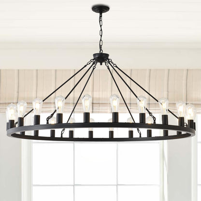 53” Large Farmhouse Wagon Wheel Chandelier,Black Rustic Chandelier 24-Lights,Round Dining Room Light with Adjustable Height,Industrial Ceiling Light Fixtures for Kitchen,Foyer,Porch,Living room
