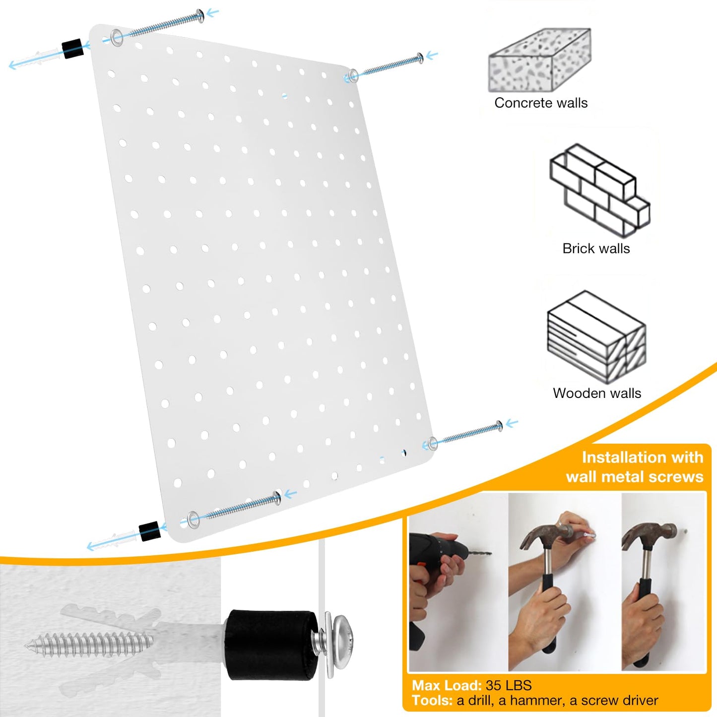 G.CORE Steel Pegboard and Hooks - 44pcs Peg Board Panels Organizer 1/4" Holes 14"x10" with J L Hooks - Kitchen Bathroom Craft Office Garage Tool Display Organization Drill/Adhesive Mounting (White)