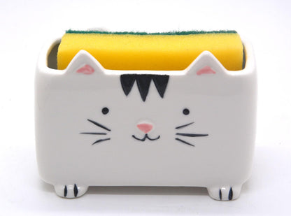 MONMOB Cat Sponge Holder Ceramic Cat Soap Holder Cute Cat Decor Kitchen Accessories Cat Home Decor Ceramic Kitchen Sponge Holder Cat Gifts Ideal Gifts for Women Birthdays Valentines Day Gifts