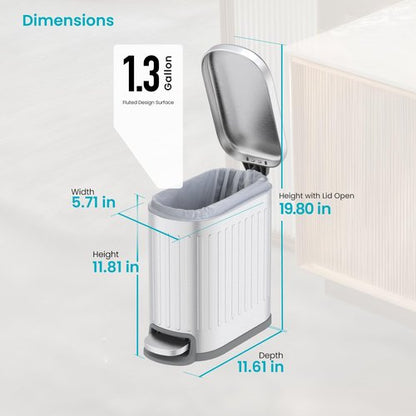 Home Zone Living 1.3 Gallon Small Trash Can with a Lid and Step Pedal, Stainless Steel with Slim Ribbed Design for Home and Office, Silver, 5 Liters