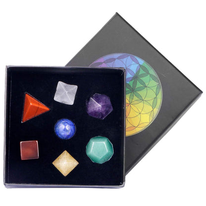 Rockcloud 7 Chakra Platonic Solids Sacred Geometry with Merkaba Star Set, Healing Crystal Faceted Gemstones for Meditation Reiki Balancing, Pack of 7
