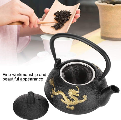 Japanese Tetsubin Cast Iron Tea Kettle - Stovetop Teapot with Gold Dragon Pattern, 0.3L