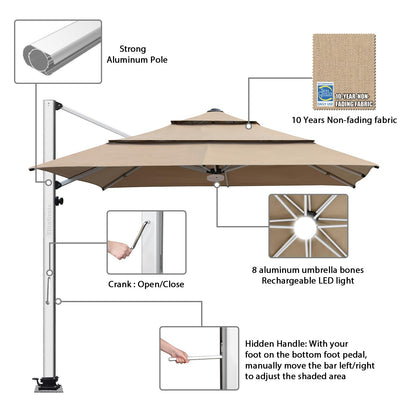 EliteShade USA APOLLO 3-Tier 10x10FT Full Aluminum Cantilever Patio Umbrella for Outdoor restaurant Garden Courtyard Deck Pool and Marketing with Light,Heather Beige