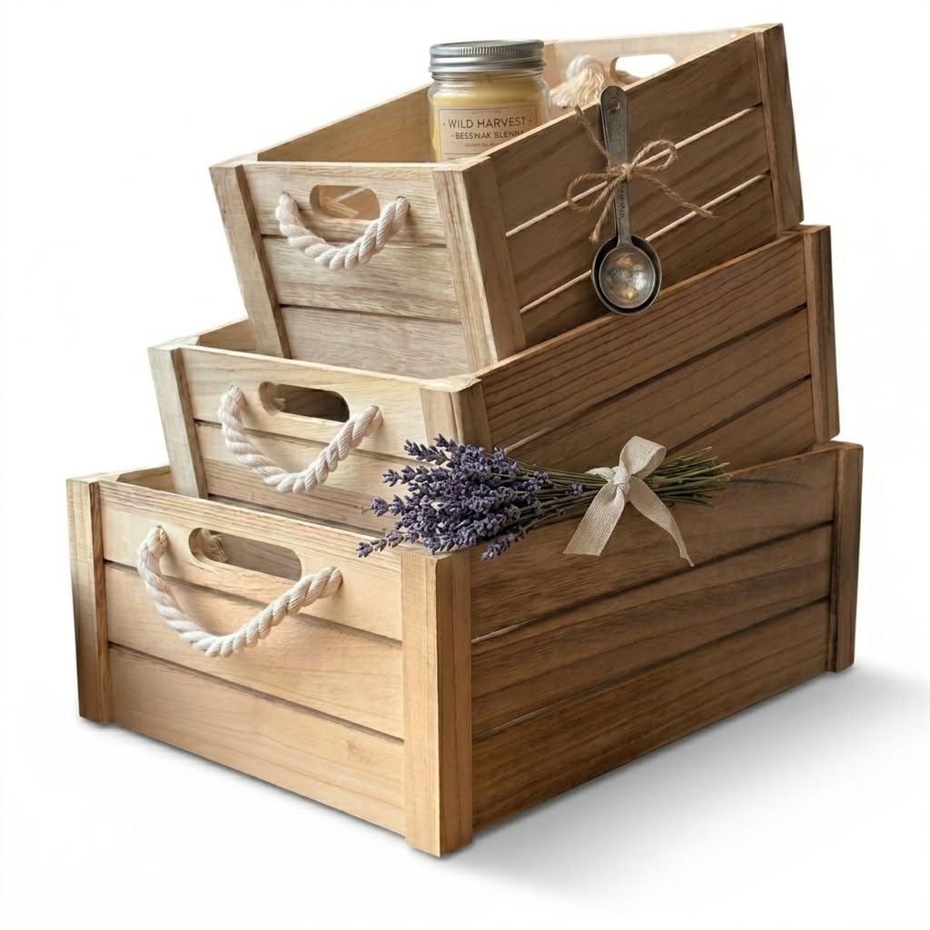 Set of 3 Rustic Nested Wooden Crates with Rope Handles - Decorative Farmhouse Storage Boxes for Kitchen, Living Room & Bathroom - Modern Wood Grain Home Organization