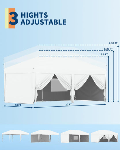 Garvee 10x20 Pop Up Canopy with 6 Sidewalls, Beach Ten with One Push Setup, Reinforced Frame, Outdoor Easy Up Canopy Tent with Portable Roller Bag, Adjustable Height, Sandbags, Silver Coated, White