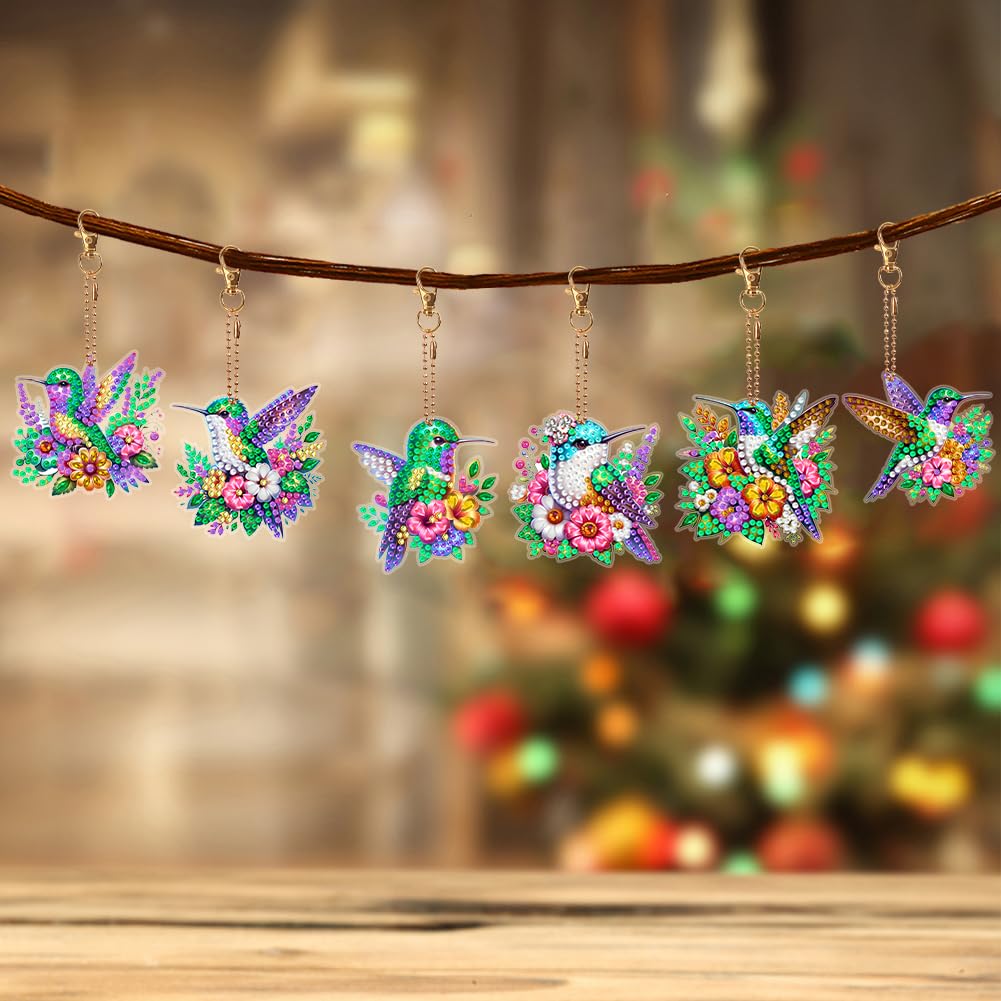 6 Pcs Diamond Painting Keyrings Set Hummingbird, Painting by Number Gem Keychains Kits for Adults, Hanging Ornaments Rhinestones Bookmarks 5D Key Rings for DIY Crafts Home Party Decor
