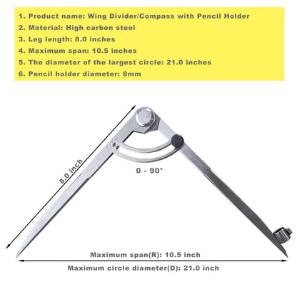 ZLKSKER 6/8 / 10 inch Wing Compass with Pencil Holder, Leather Working Wing Divider, Caliper & Scribe Tool, for Woodworking Drawing & Drafting (8 inch)