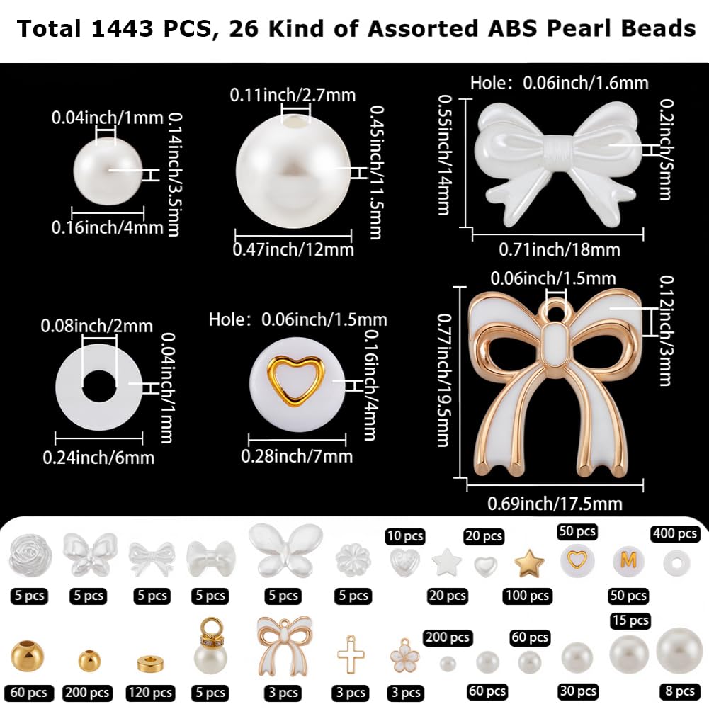 BEAMARKER 1443Pcs Assorted Pearl Beads Bracelet Making Kit Flower Bow Butterfly Star Heart Round Alphabet Gold Spacer Bead Acrylic Alloy Enamel Clay Charms Pendants for DIY Jewelry Bracelet Necklace