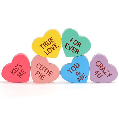 Valentines Day Decorations, 6 PCS Double-sided Wooden Valentine's Conversation Hearts for Tiered Tray Shelf Mantel Office Decor Freestanding Tabletop Wood Block Sweet Sayings for Home Decor Wedding