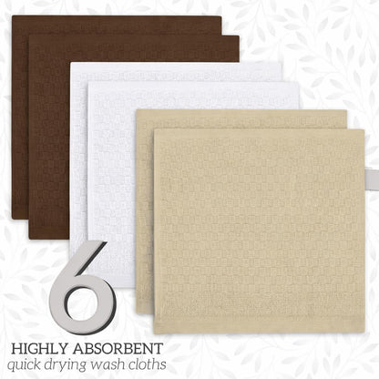 12x12 inches 6 Pack, GREEN LIFESTYLE Checker Washcloths Soft, Durable, Highly Absorbent and Luxurious (Beige)