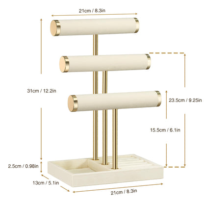 3 Tier Bracelet Holder Display - Detachable T Bar Beige Velvet Bracelet Holder, Jewelry Holder Organizer for Bracelet, Necklace, Watches, Rings