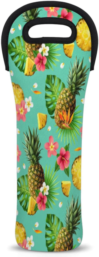 Tropical Pineapple Pattern Wine Bag - Neoprene Leakproof Travel Tote with Handle, Reusable Cooler for Parties