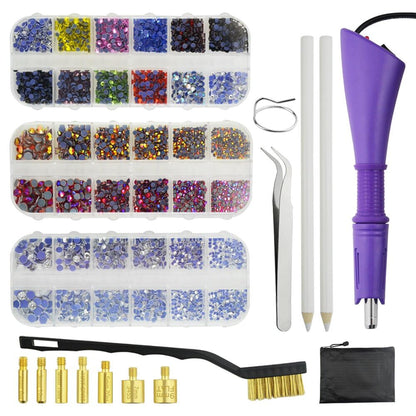 XINMEIWEN Hot fix Applicator Tool with Rhinestone DIY Wand Setter Tool Kit Including 7 Different Sizes Tips Tweezers & Brush Cleaning Kit and 3 Pack Hot-Fix Crystal Rhinestones (Purple)
