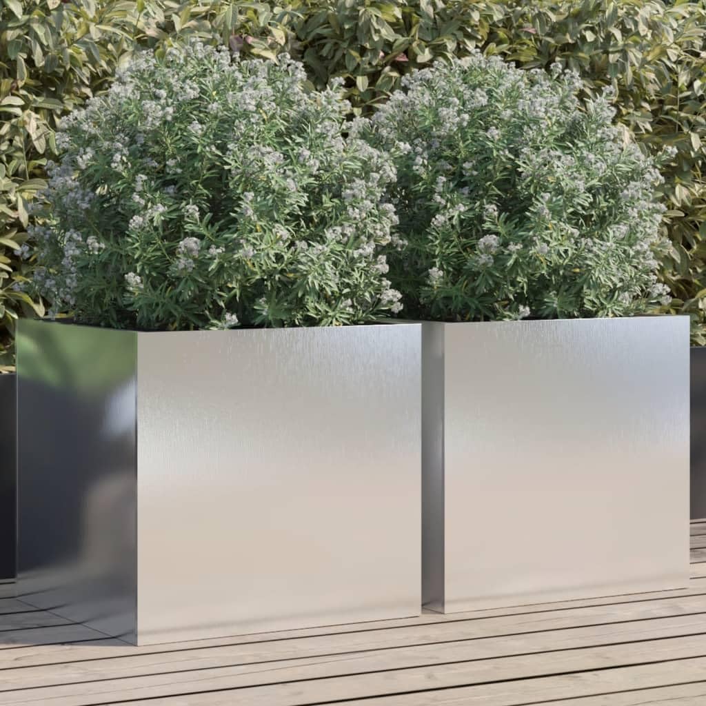 hliofuir Rectangular Stainless Steel Planter Set of 2 Silver Large 19.3x18.5x18.1 in Polished Indoor Outdoor Raised Garden Bed Box for Balcony Patio Living Room