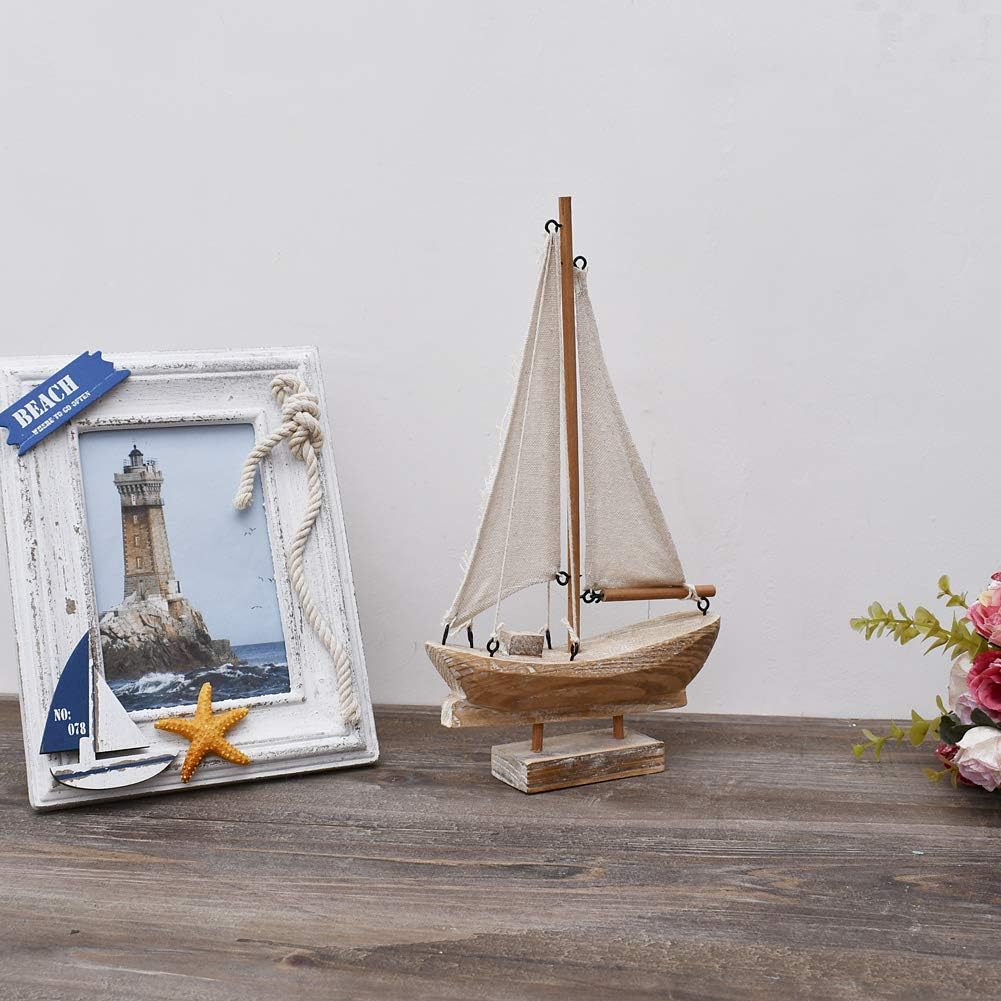 Sailboat Wooden Small Nautical Sail Boat Decor Coastal Beach Themed Ornaments for Home Bathroom Room Bedroom (B)