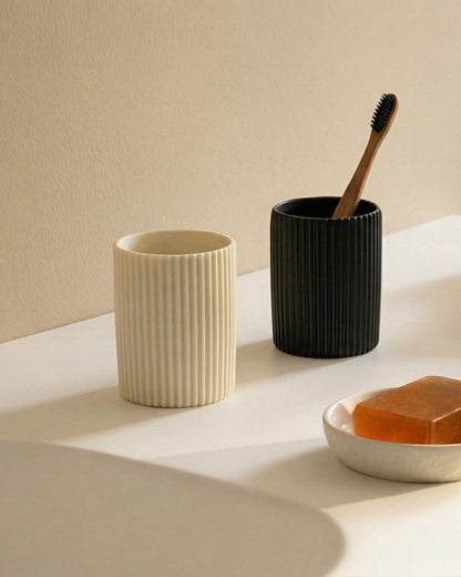 LezayXtra Ceramic Pen Holder for Desk, Ribbed Makeup Brush Organizer, Aesthetic Pencil Cup, Minimalist Desk Organizer, Office, Vanity, Aesthetic Desk Accessories