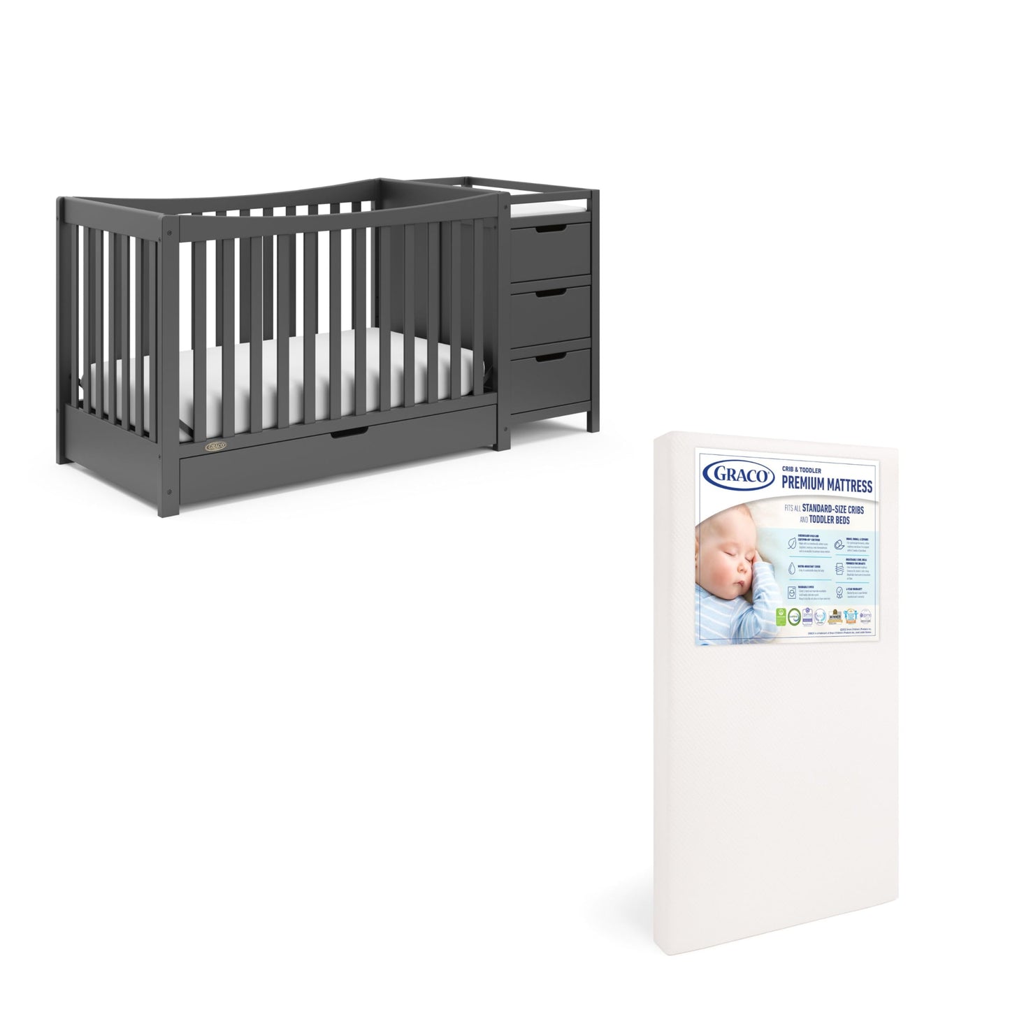 Graco Remi 4-in-1 Convertible Crib & Changer (Gray) - with Graco Premium Foam Crib & Toddler Mattress