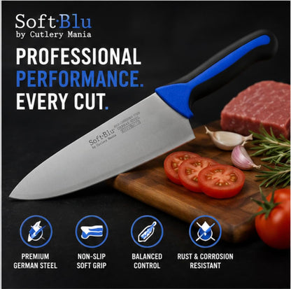 Cutlery Mania SoftBlu Professional Kitchen Knifes, X50CrMoV15 German Stainless Steel, Non-Slip Soft Grip Handle (Chef, 8")