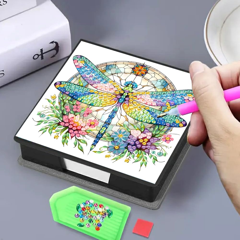 LAKEQUILL Diamond Art Painting Sticky Note Holder, Diamond Art Painting Wooden Memo Paper Storage Box, Notepad Holder with 160 Sticky Notes for Office Desk - Flower Dragonfly