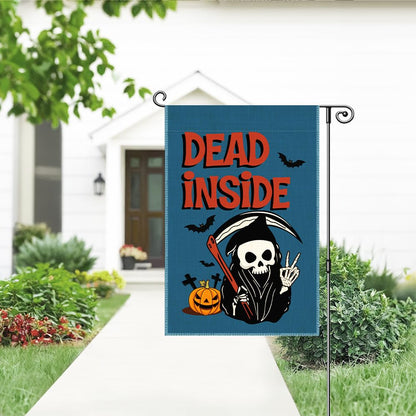 Gkodw Dead Inside Garden Flag, Funny Pumpkin Spooky Yard Flag for Outside, Welcome Autumn Fall Halloween Front Porch Lawn Decoration, Funny Skeleton Peace Sign Home Banner