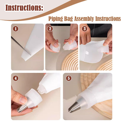 9-Piece Reusable Piping Bags and Tips Set- Cotton Baking Kit with Coupler, Stainless Steel Nozzles & Cleaner for Cakes/Cupcakes/Cookies Decorating