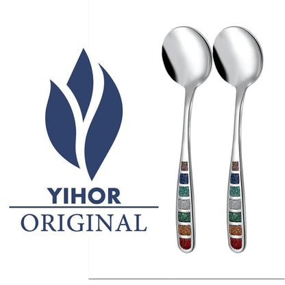 YIHOR Premium 7.24" European Soup Spoons, Stainless Steel creative colorful enamel spoon drinking spoon, Dishwasher Safe Disinfection cabinet Set of 6