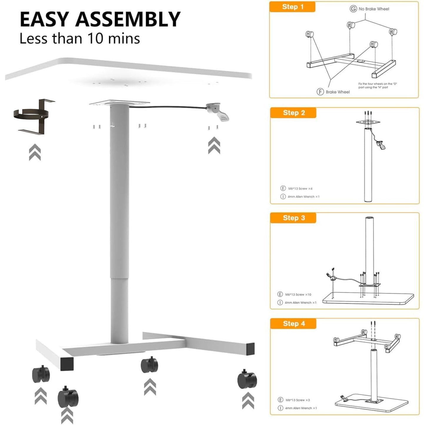 MPETAPT 28-Inch Mobile Standing Desk, Computer Workstations with Cup Holder, Portable Standing Desk with Lockable Wheels, Rolling Table for Home Office Classroom Hospital (Snow-White, Steel Classic)
