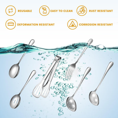 Serving Utensils Set for Partie, Silver Stainless Steel Metal Serveware Large Serving Spoons, Slotted Spoons, Forks, Tongs, Soup and Skimmer Spoon, Cake Server for Buffet, Catering, Entertaining 15pcs
