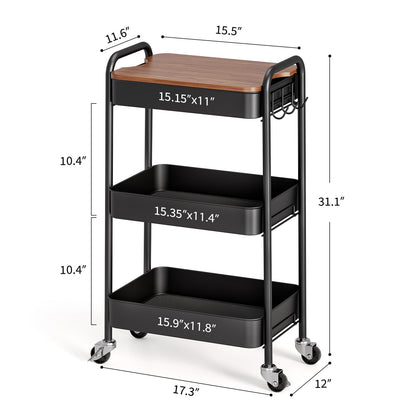 TOOLF 3-Tier Rolling Cart with Table Top, Metal Storage Cart on Wheels, Utility Organizer with Wooden Tray, Lockable Casters, Easy Assembly for Bathroom, Living Room, Office, Kitchen, Black