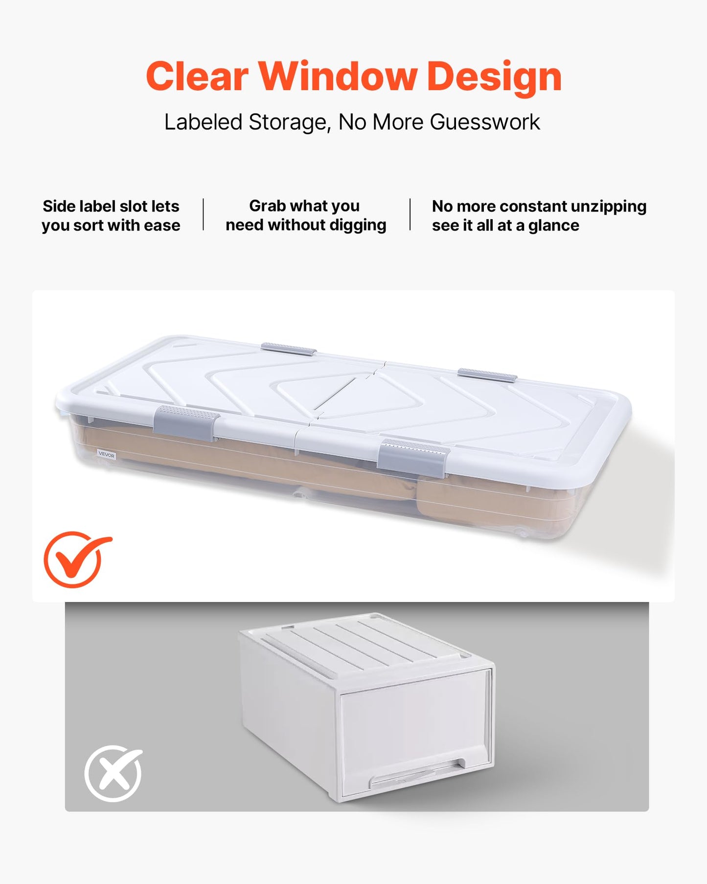 VEVOR Under Bed Storage with Wheels, 31.7 x 15.6 x 6.9 inch Underbed Containers, Underbed Shoes Organizer with Lid & Gray Latch, Rolling Under the Bed Storage Bins for Clothes Shoes Blankets, 4 Pack