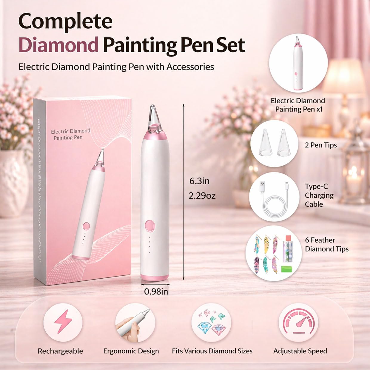 HAUTLENCE Electric Diamond Art Pen, Vacuum Diamond Painting Pen, Rechargeable Wax-Free Diamond Art Tools Kit with 3-Speed Adjustable Suction, Low Noise, Includes 6 Feather Bookmarks