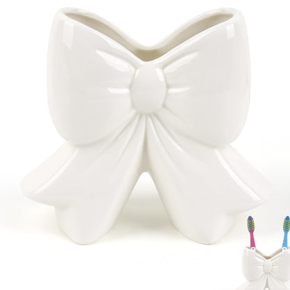 Biiange Cute Toothbrush Holder, Ceramic Bow Toothbrush Holder, with Drain Hole Bathroom Countertop Accessories, for Bathroom Canister Storage Organization, Vanity Makeup Organizer (White)