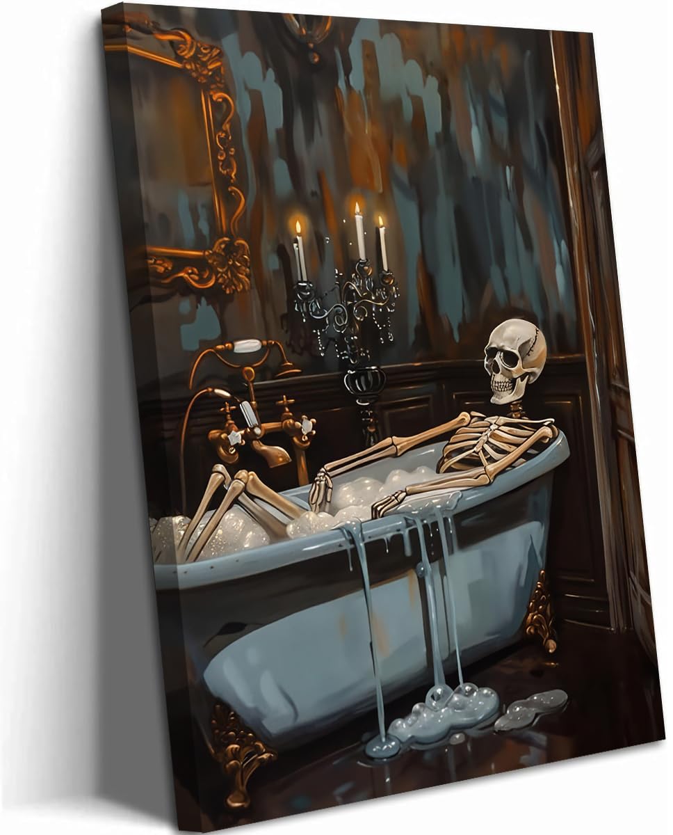 Framed Funny Halloween Skeleton Bathroom Wall Art, Soaking My Bones Pictures Wall Decor, Moody Gothic Dark Academia Paintings Canvas Prints Spooky Home Decor for Living Room Bedroom Dorm 12x16 inch