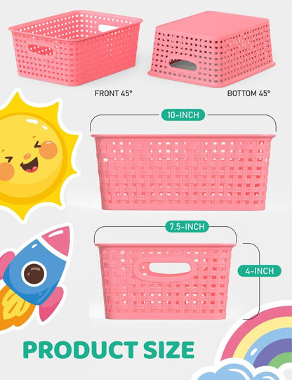 WYT 6-Pack Plastic Small Shelf Storage Weave Baskets, Organizing for Cabinets and Pantries, Pink