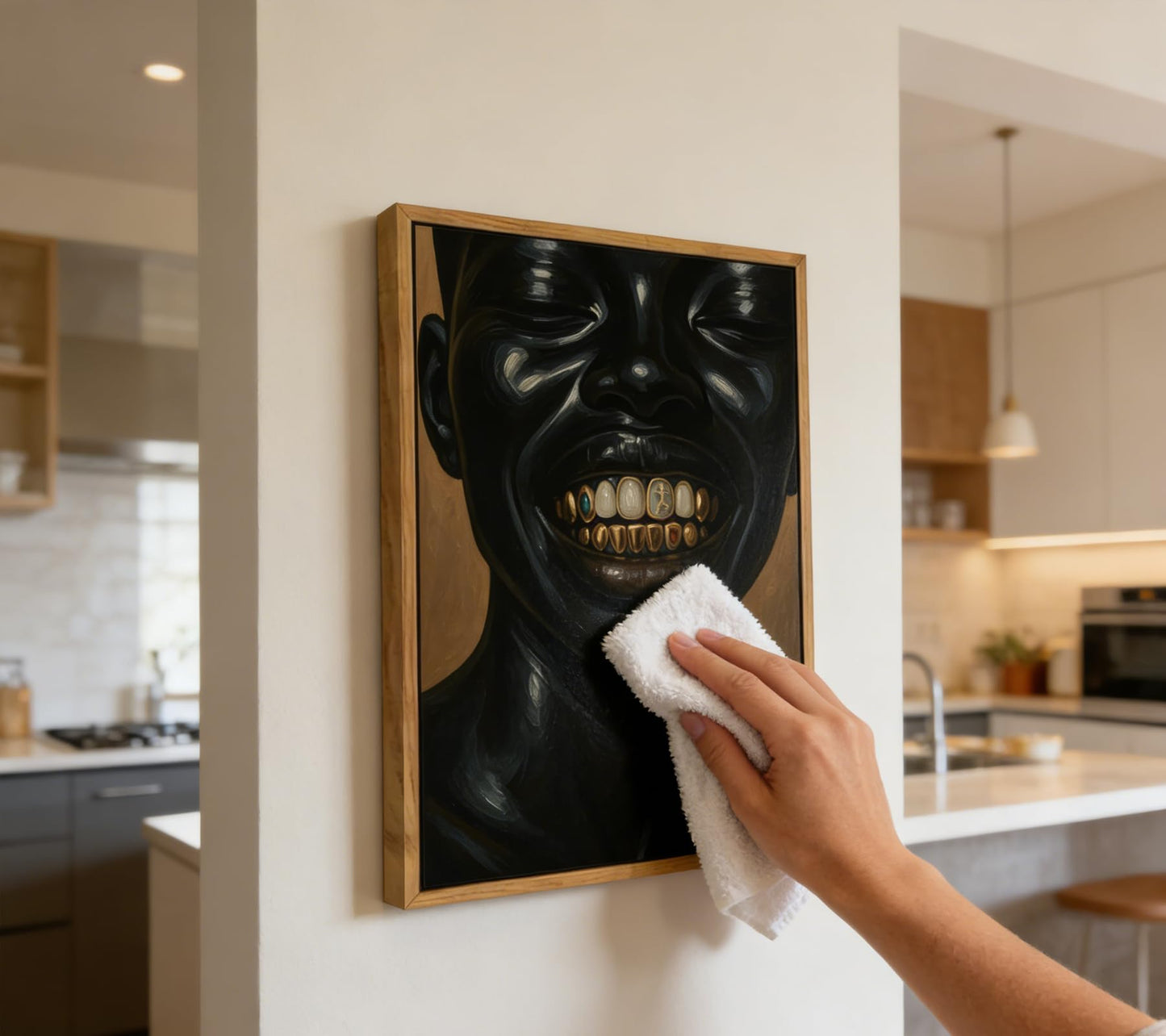 Floating Framed Abstract Black Men Canvas Wall Art, African American Gold Teeth Painting Picture Wall Decor, Urban Street Hip Hop Poster Print Artwork for Bedroom, Apartment, Home Decoration 8x10in
