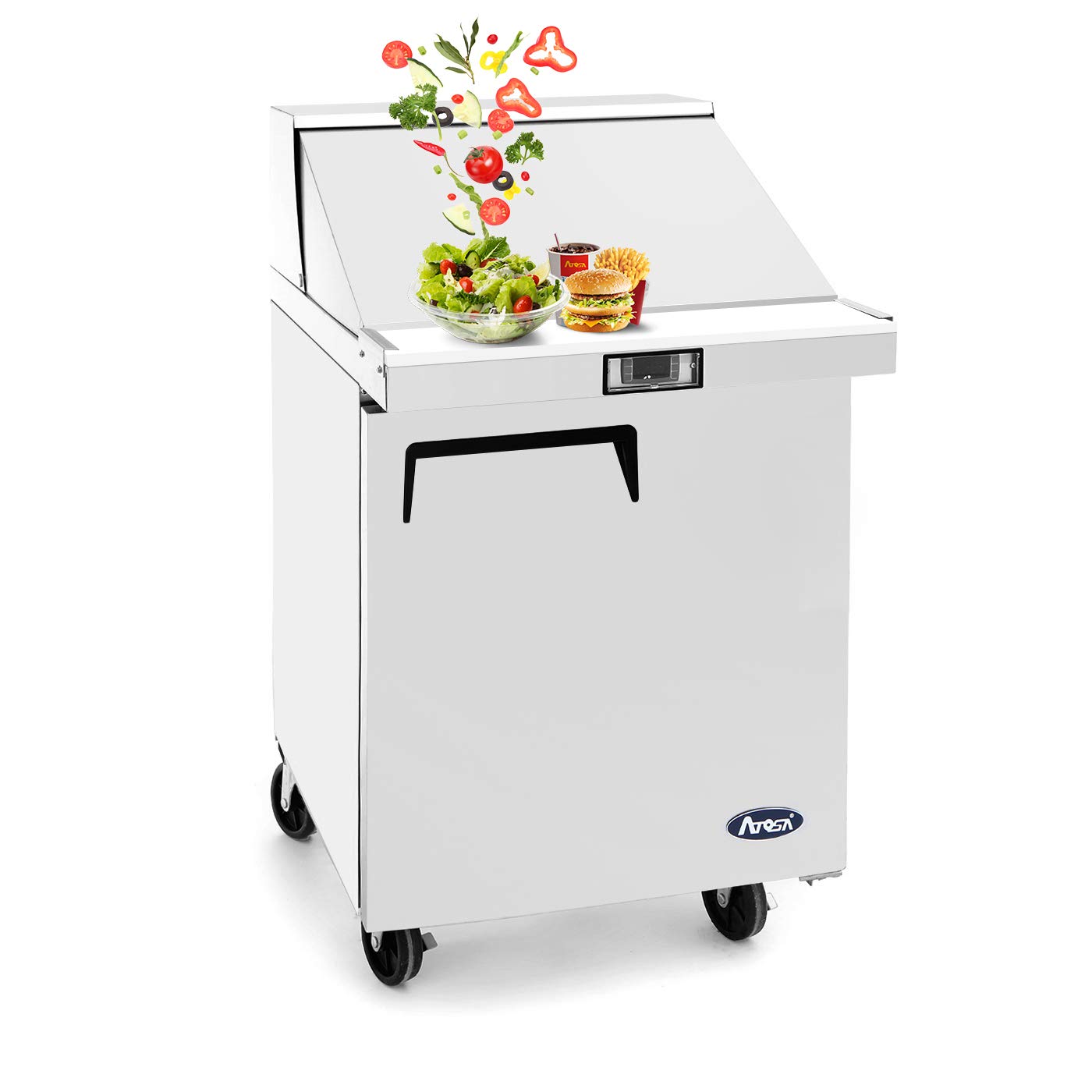 Atosa MSF8301GR 27" Sandwich & Salad Prep Table Refrigerator for Restaurant Hotel Deli Cafeteria | 1-Door 1-Shelf, 10" Cutting Board, 8 (1/6 Size) Pans, 7.2 Cu Ft Capacity | Stainless Steel, 115v