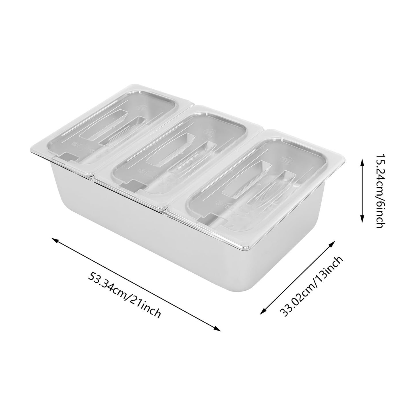 Wawuwao Chilled Condiment Server with Lid, 3-Compartment Stainless Steel Chilled Serving Tray with Lids, Commercial Food Storage Containers for Buffet Restaurant Home, 2 Types of Lids (3-Pan)