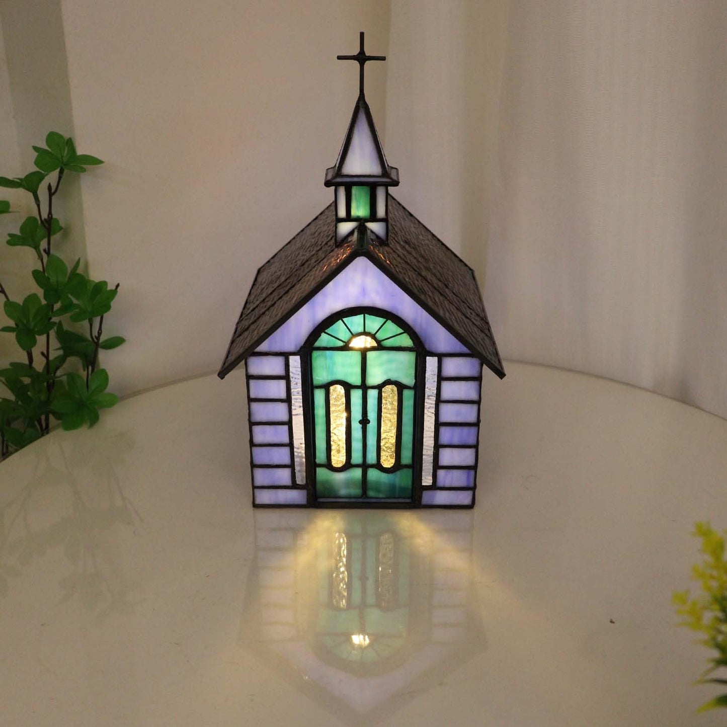 Bieye L12008 Christian Church Tiffany Style Stained Glass Table Lamp (Blue Chruch)