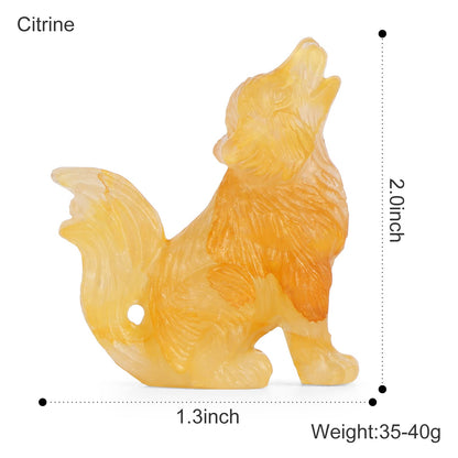LEADGEM 2.0" Citrine Crystal Big Tail Wolf Decor Figurines Wolve Statue Healing Stones Hand Carved Sculpture Ornaments Top Colletctible